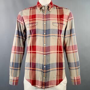 GANT Size L Red Green Madras Plaid Cotton Button Down Collar Long Sleeve Shirt
